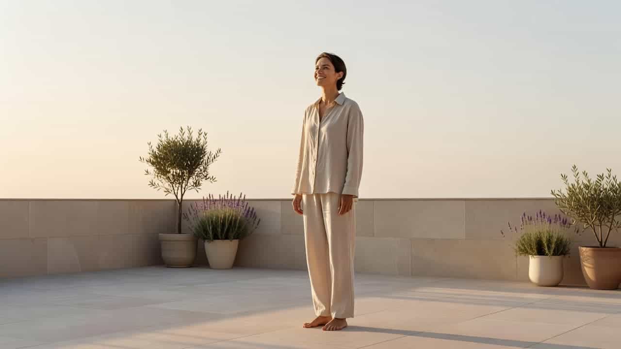 A relaxed individual stands on a quiet outdoor patio during the early hours, looking toward the horizon. The soft, warm morning glow illuminates their face while they absorb the natural light.