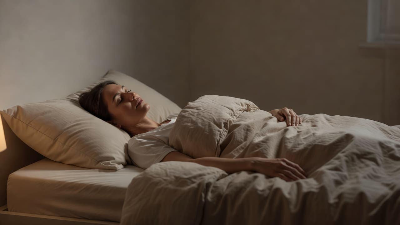 A person rests calmly in a quiet bedroom during the evening.