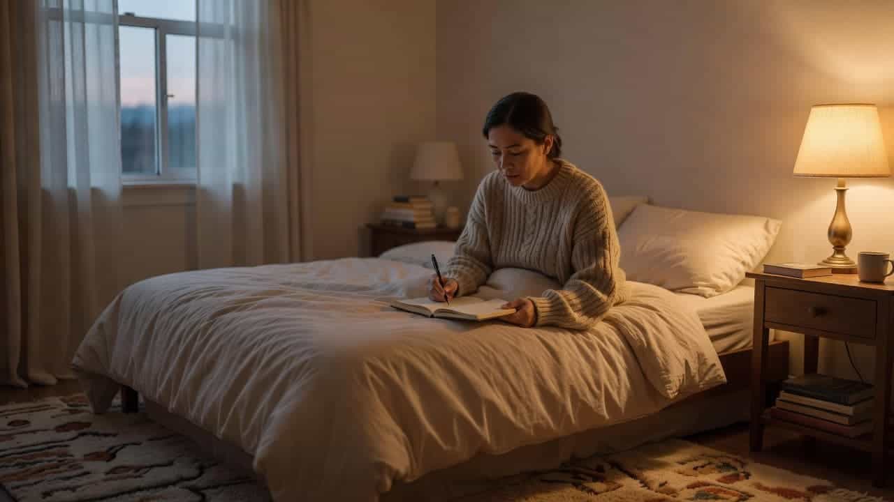 A person writing in a notebook while sitting on the edge of a bed at night.
