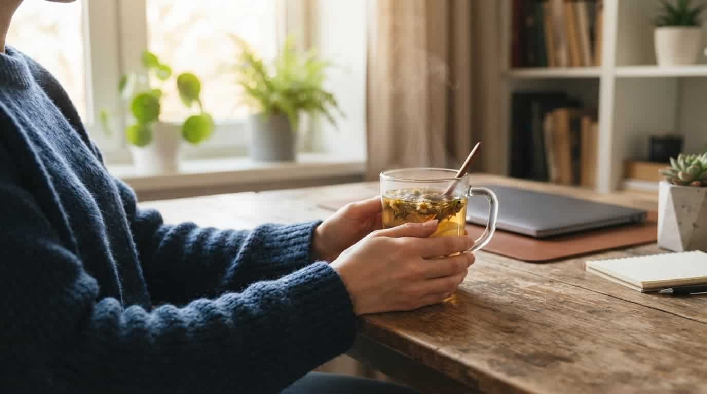 Person holding herbal tea in a softly lit workspace beside a window.
