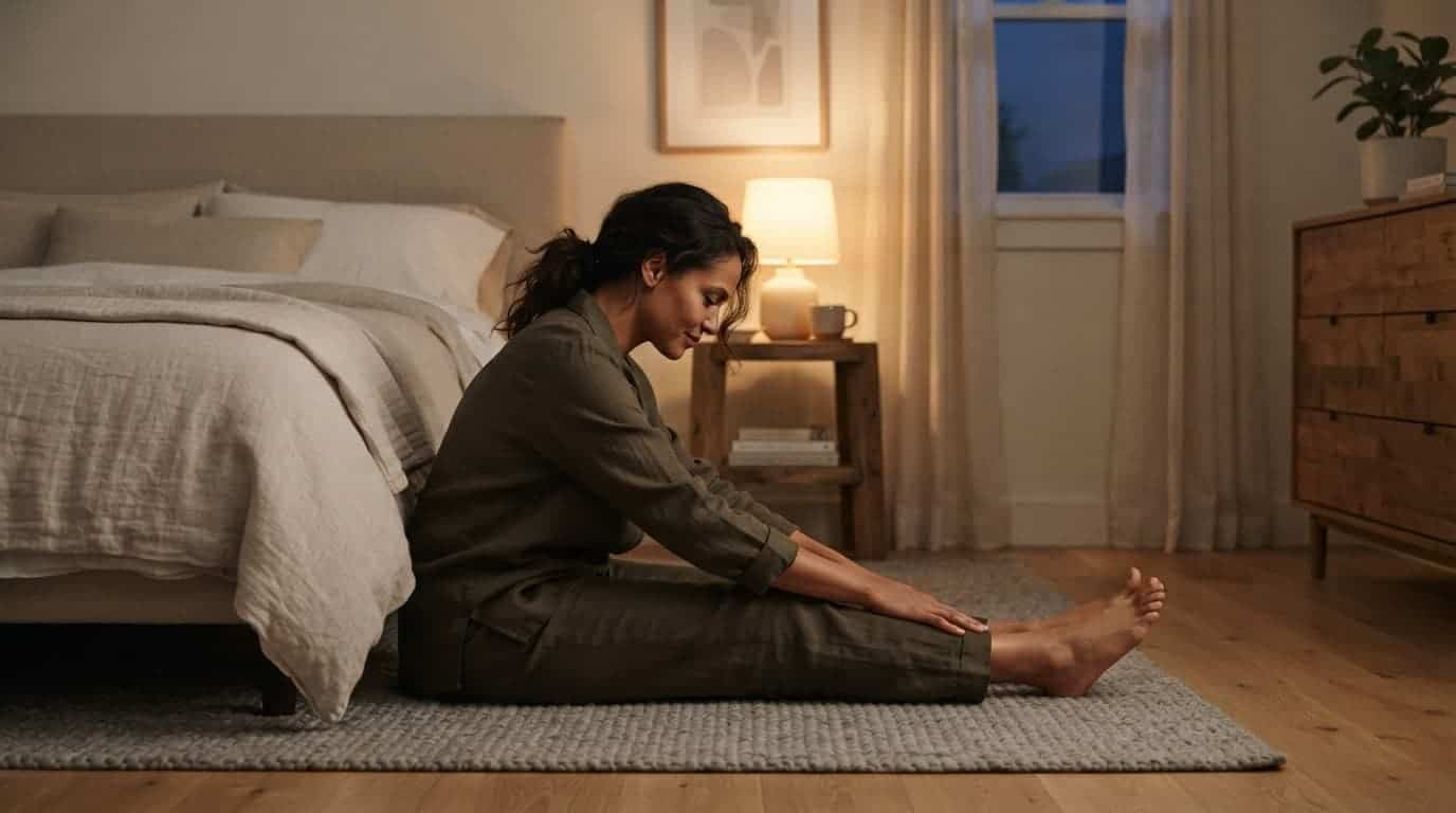 Adult doing a gentle seated stretch beside a neatly made bed.