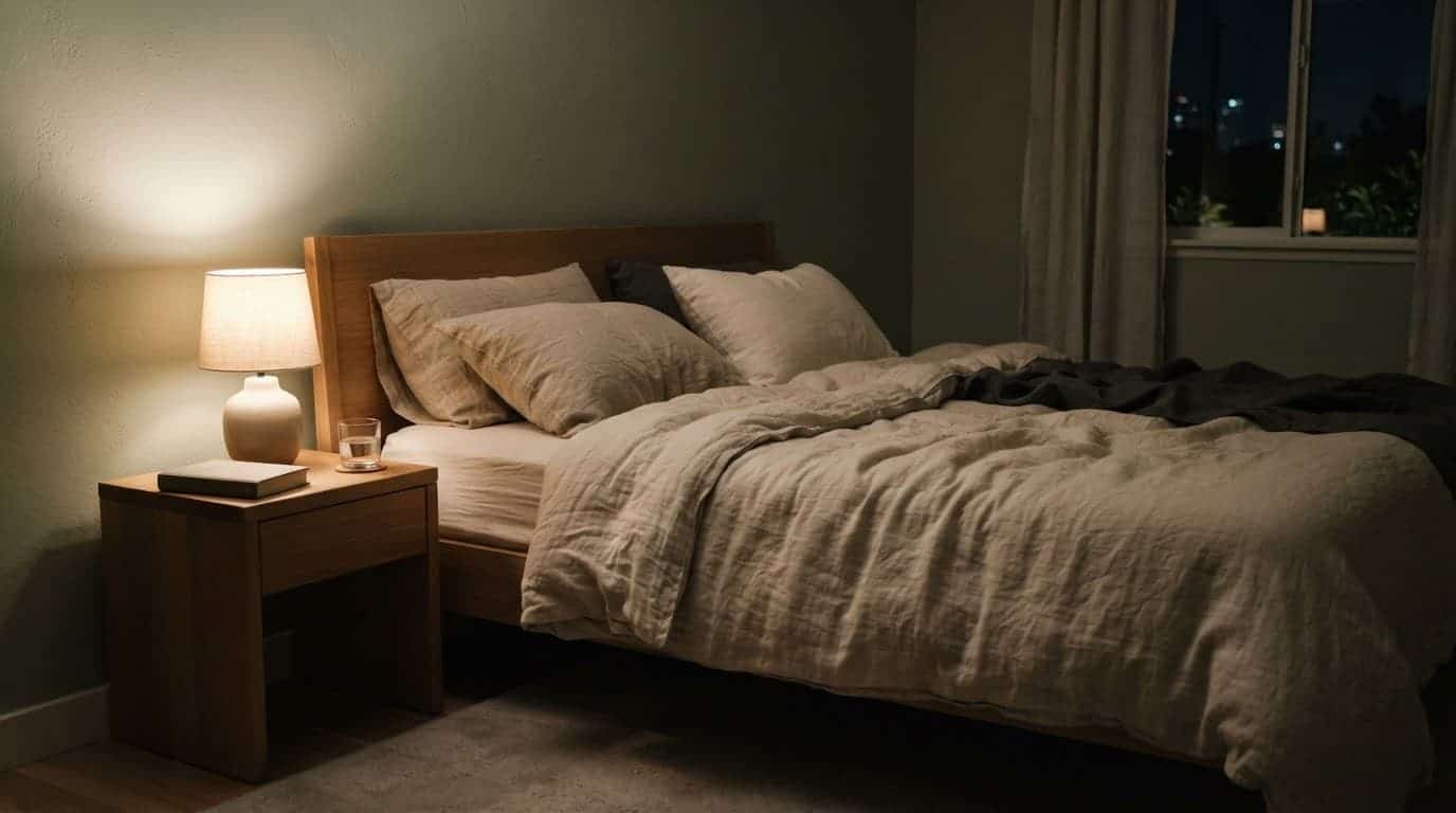 A cozy bedroom with an unmade bed, linen pillows, and a warm bedside lamp.