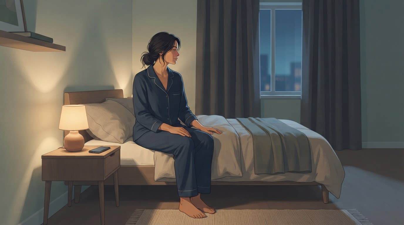 An adult relaxes in bed with a phone face down on a nearby table.