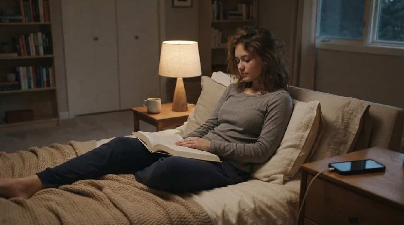 Teenager relaxing on a bed with a book, lamp, and phone set away.