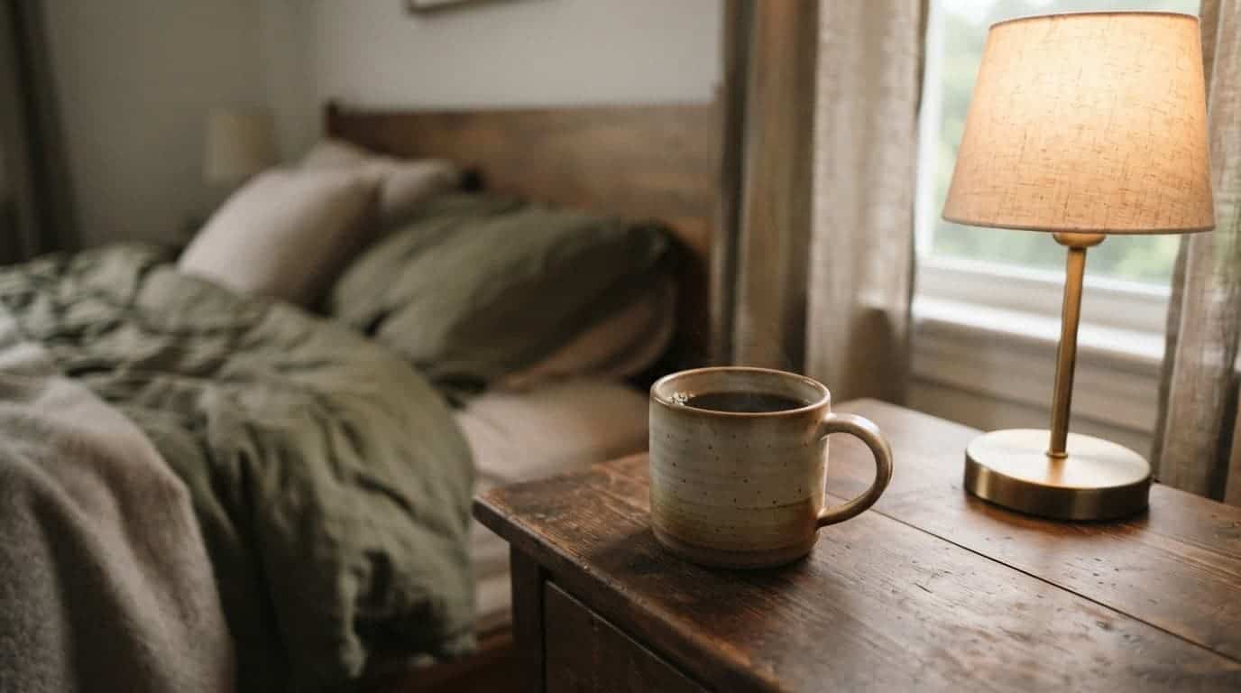 A coffee mug sits beside a warm lamp on a wooden nightstand.