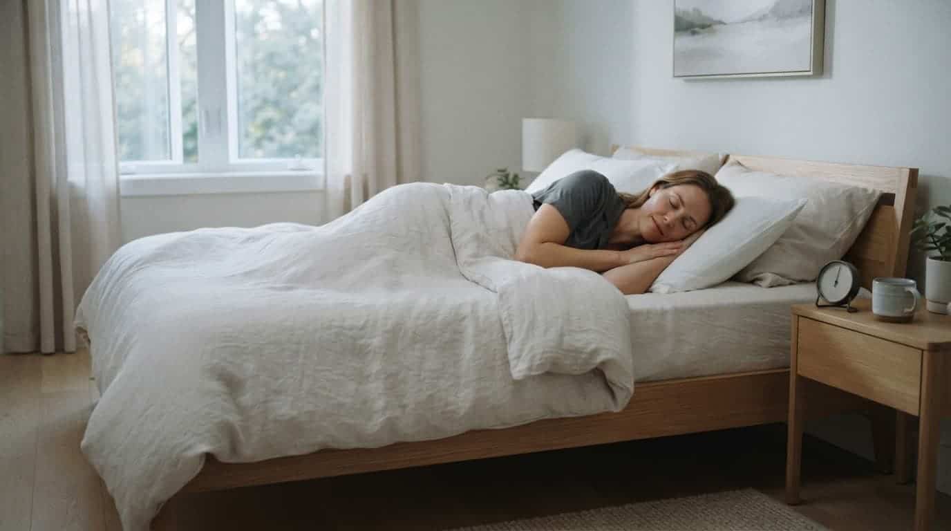 One adult sleeping in a calm bedroom with light bedding and a slightly open window.
