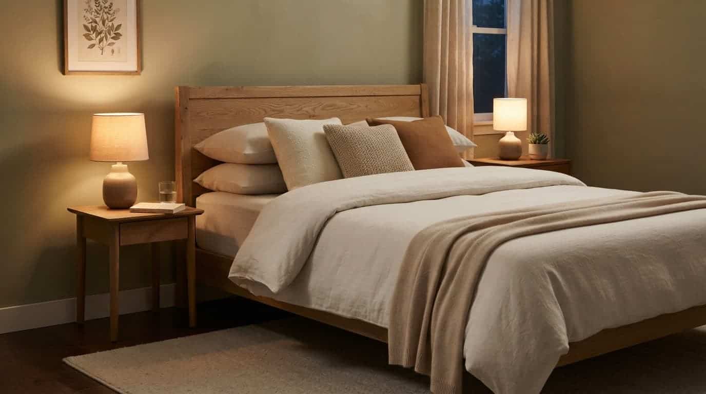 A neatly made bed with pillows in a warmly lit, peaceful bedroom.