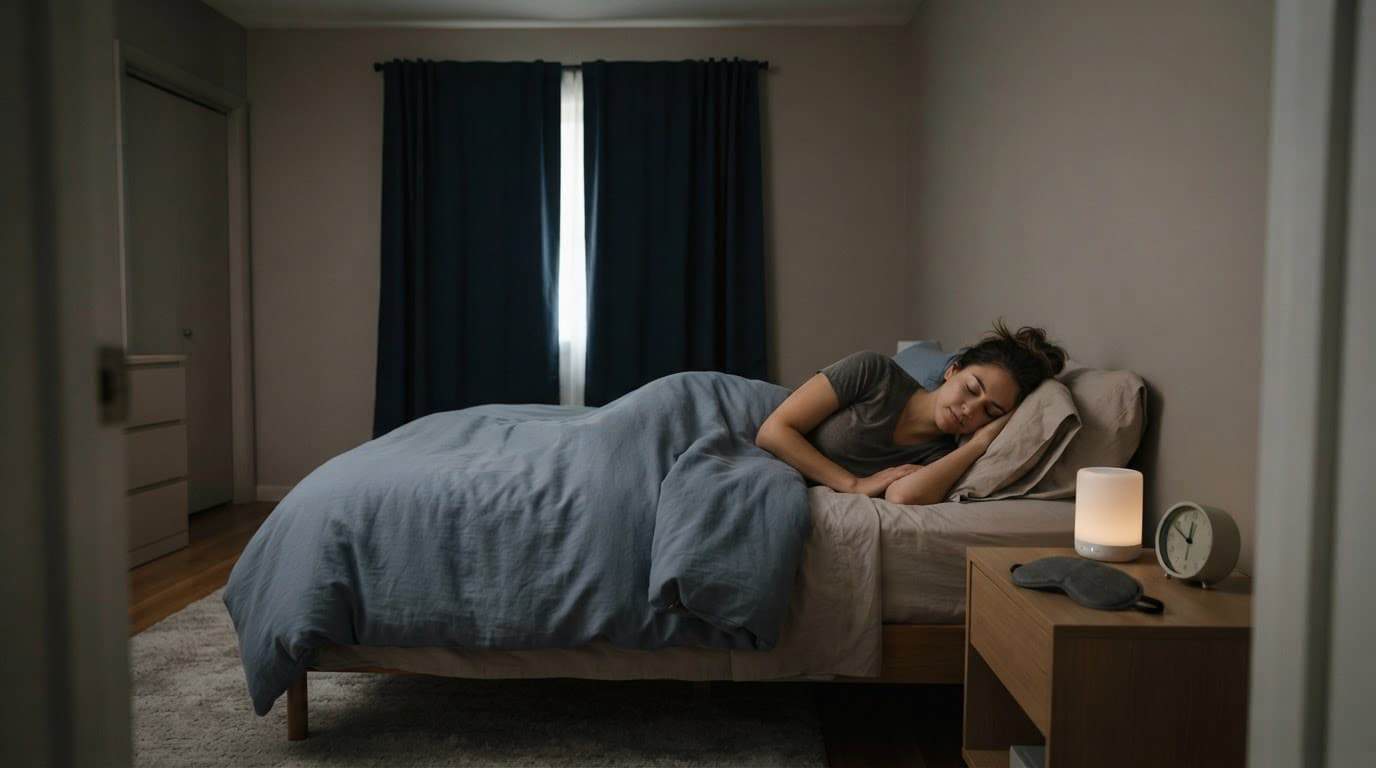 One worker sleeps in a dark bedroom with blackout curtains and a bedside white-noise machine.