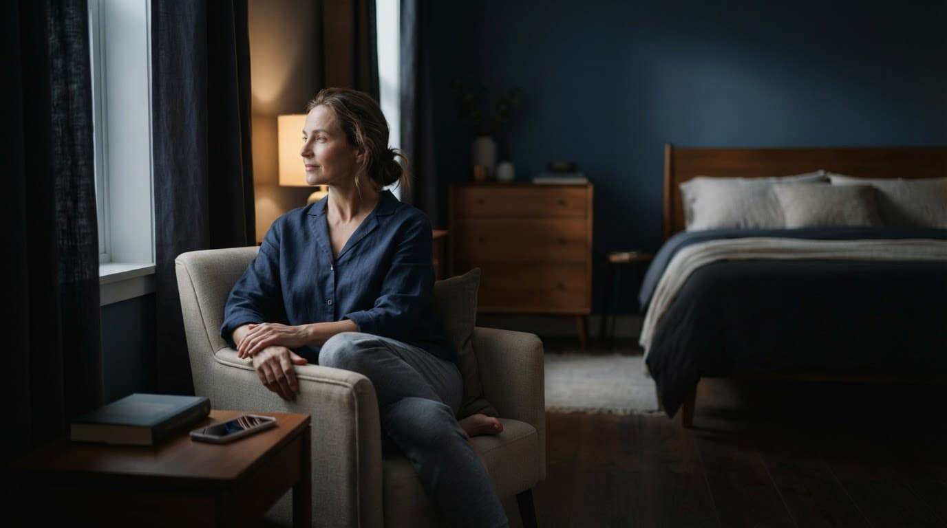 Adult relaxing in a bedroom chair beside a book and phone at night.