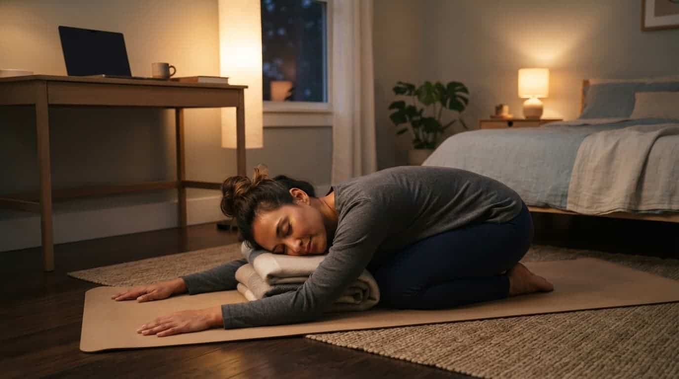 Adult resting in child's pose on a yoga mat near a desk and closed laptop.