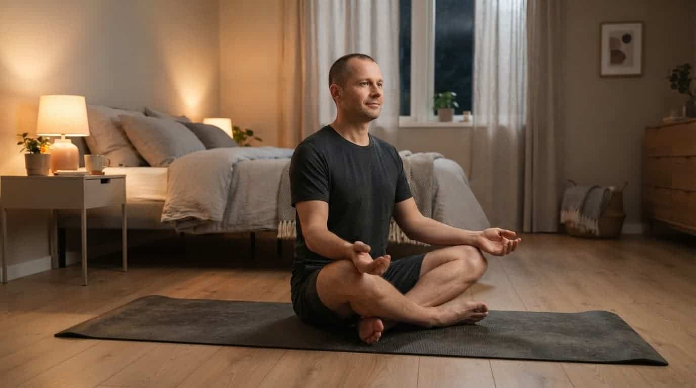 A man gently stretches on a mat in a softly lit bedroom.