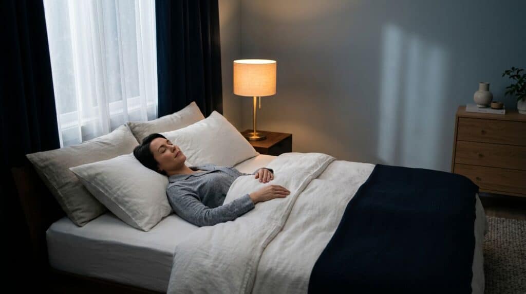 Relaxed adult lying in bed beneath moonlight and a warm bedside lamp.