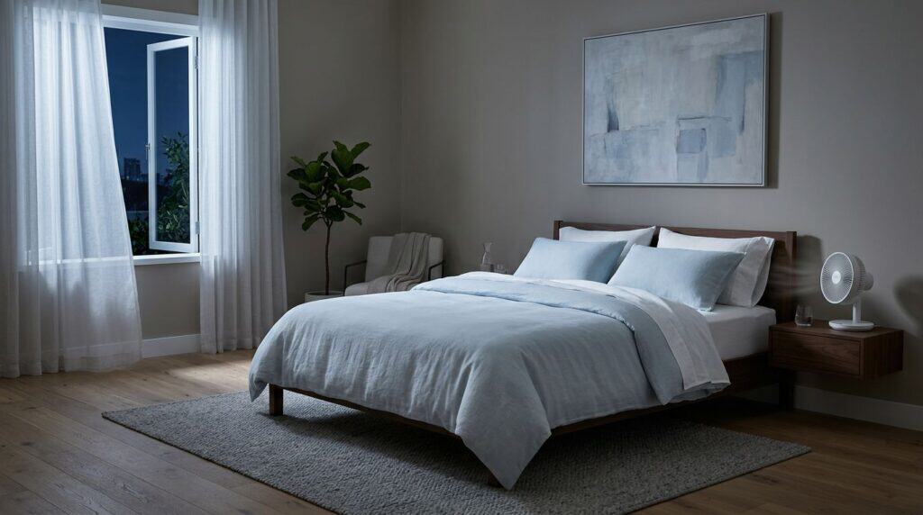 A calm bedroom with pale bedding, an open window, and a small bedside fan.