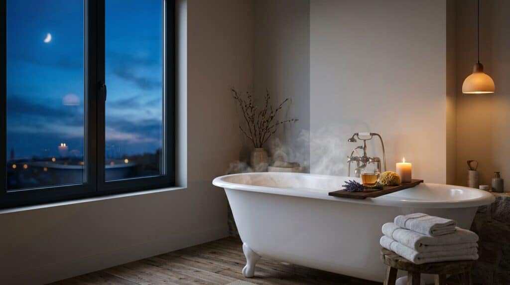 A steaming bathtub glows beside candles, towels, and a bath tray at twilight.
