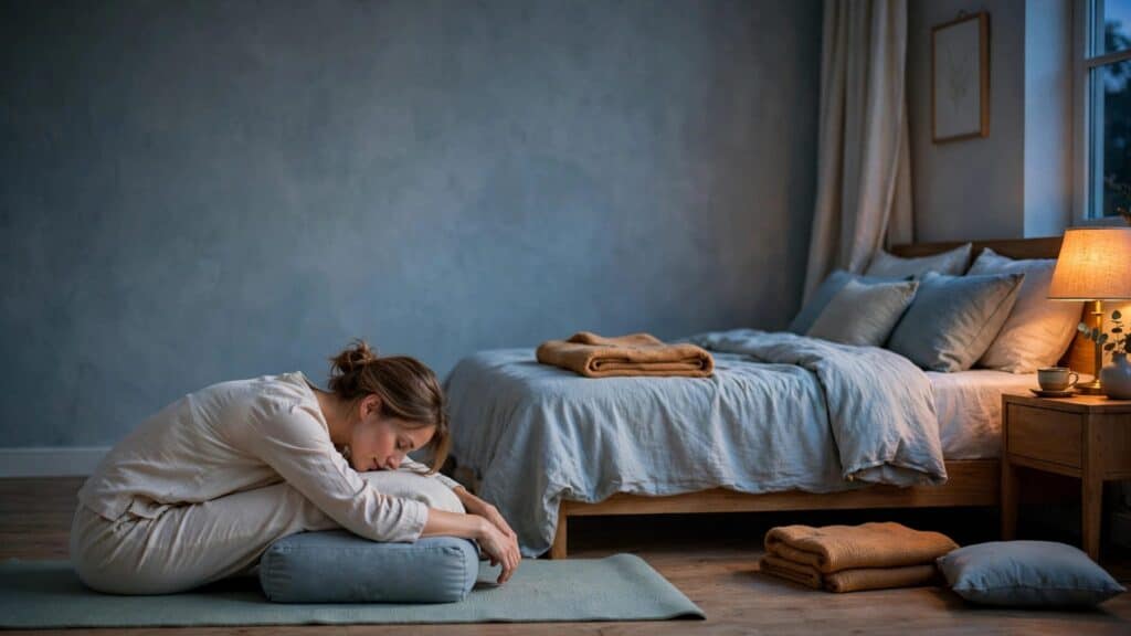 Woman stretching on a yoga mat beside a bed.