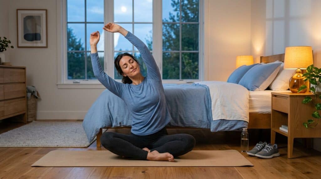 Woman doing gentle yoga beside her bed under soft blue and amber light.