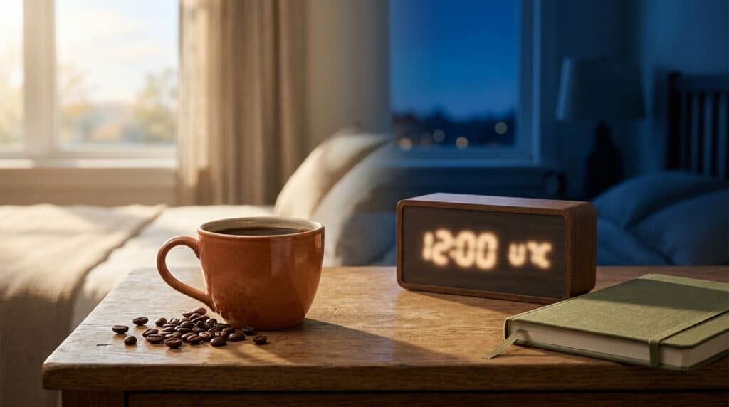 Coffee cup and glowing alarm clock beside a journal in a bedroom.