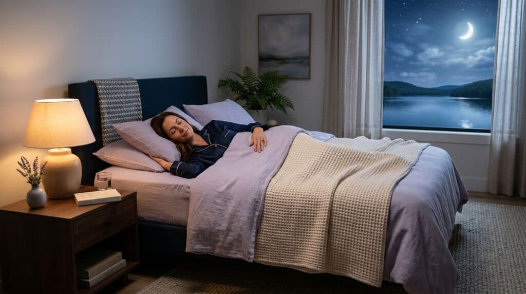 Relaxed adult resting in a moonlit bed beside a warm bedside lamp.