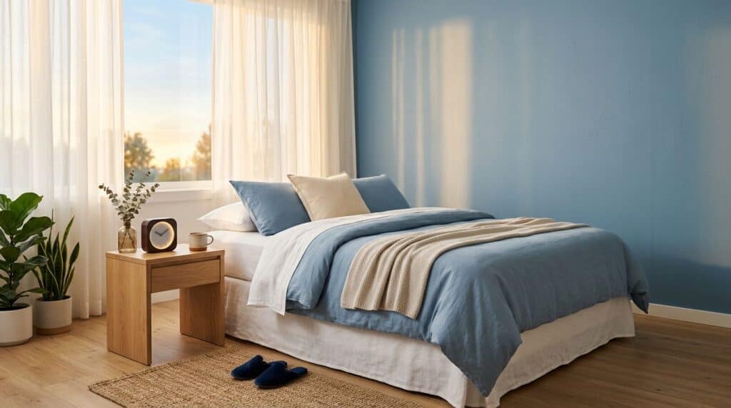A tidy bedroom with aligned slippers, an alarm clock, and sunlight through sheer curtains.