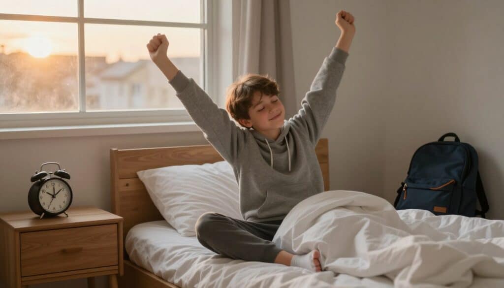 A teenager stretches on a bed beside an alarm clock and school backpack.