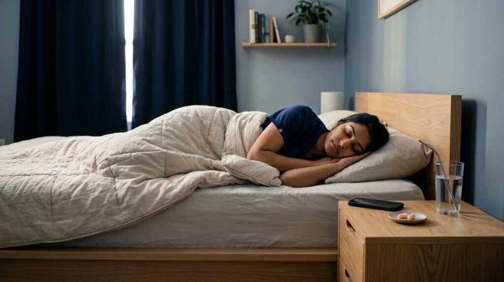 A healthcare worker sleeps beside blackout curtains, with water and earplugs on the bedside table.