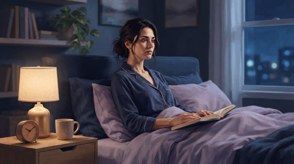 A tired woman sits in bed beside a glowing lamp and an analog clock.