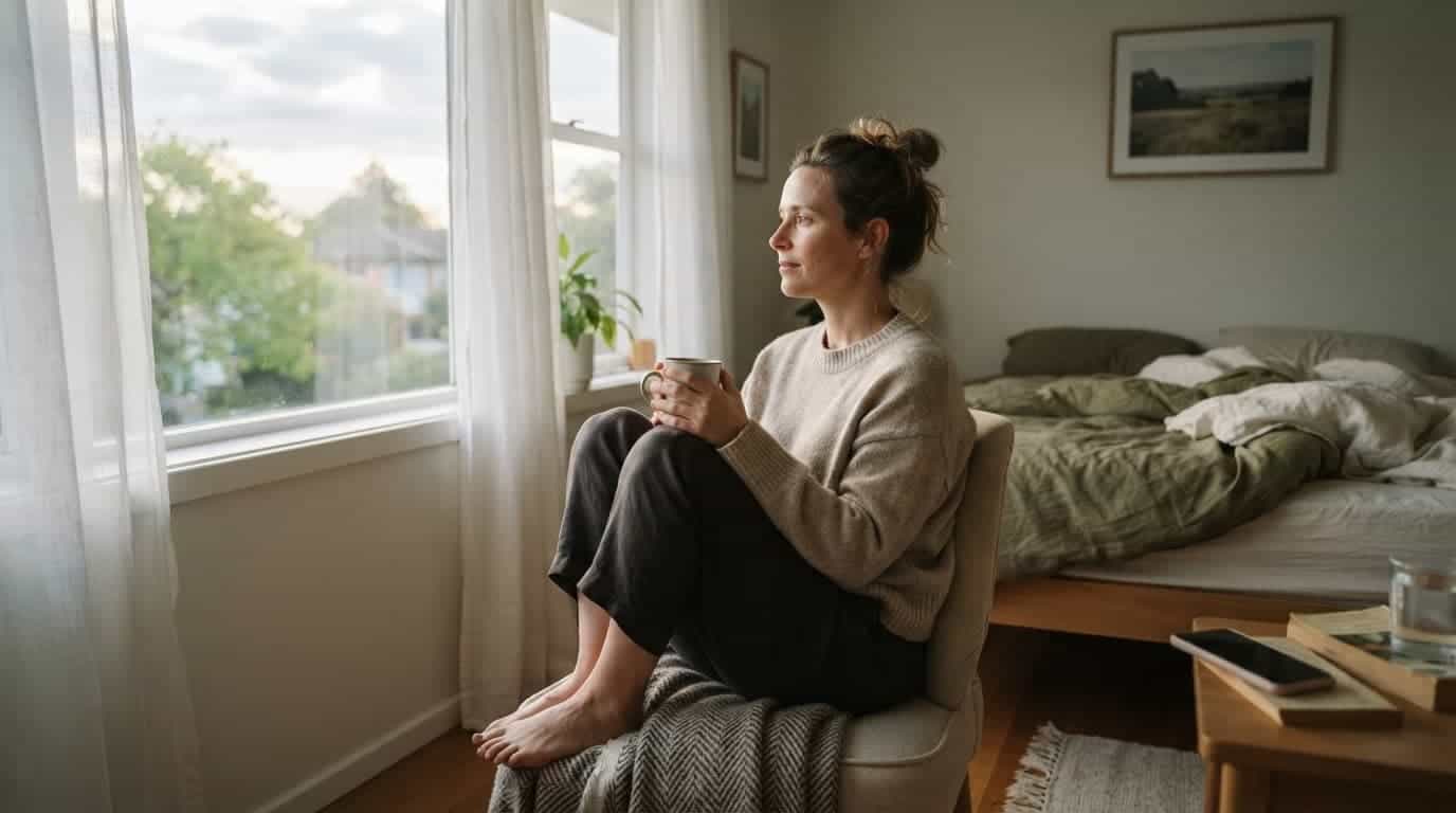 A tired adult sits by an open bedroom window with a phone set away from the bed.