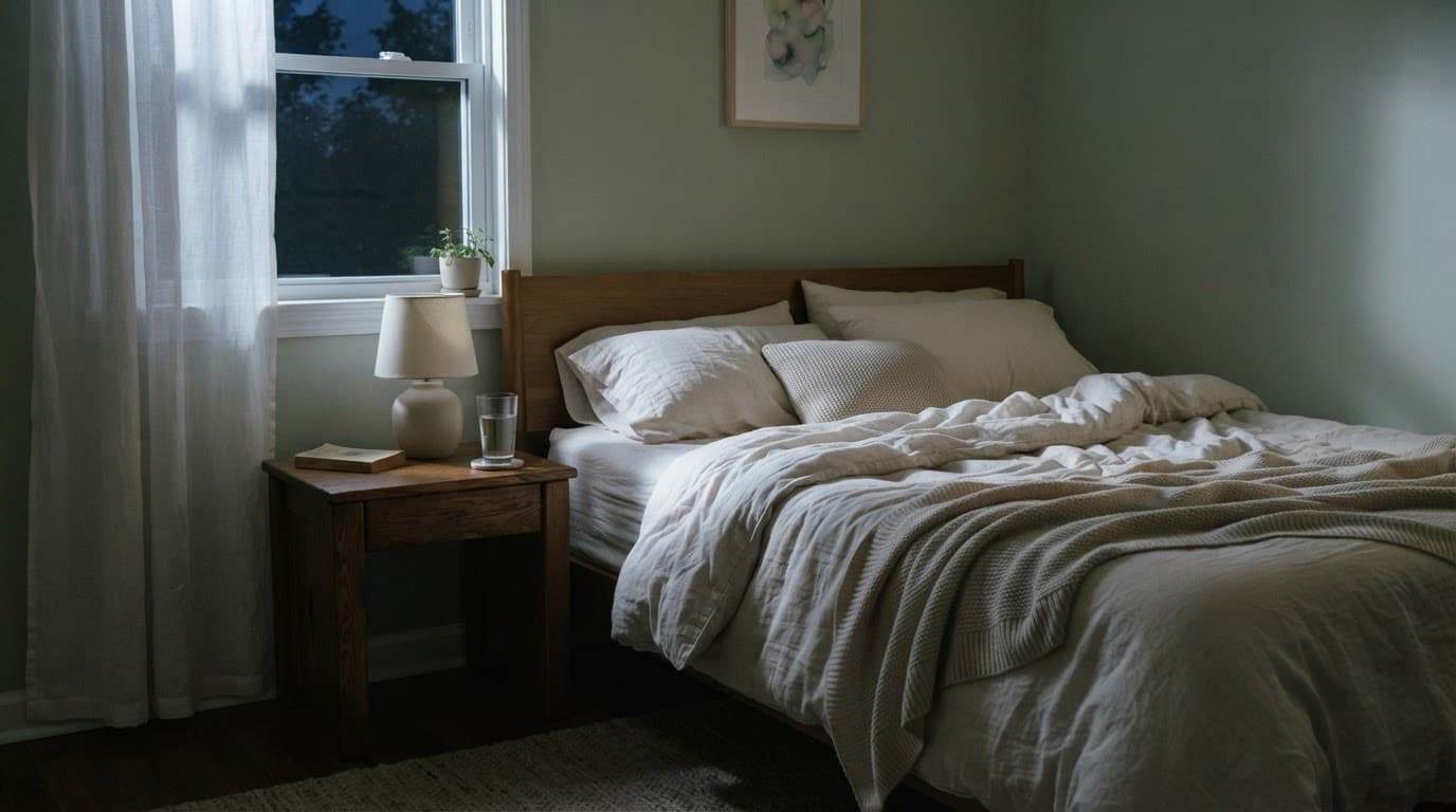 A cozy unmade bed glows softly beside a nightstand under moonlight.