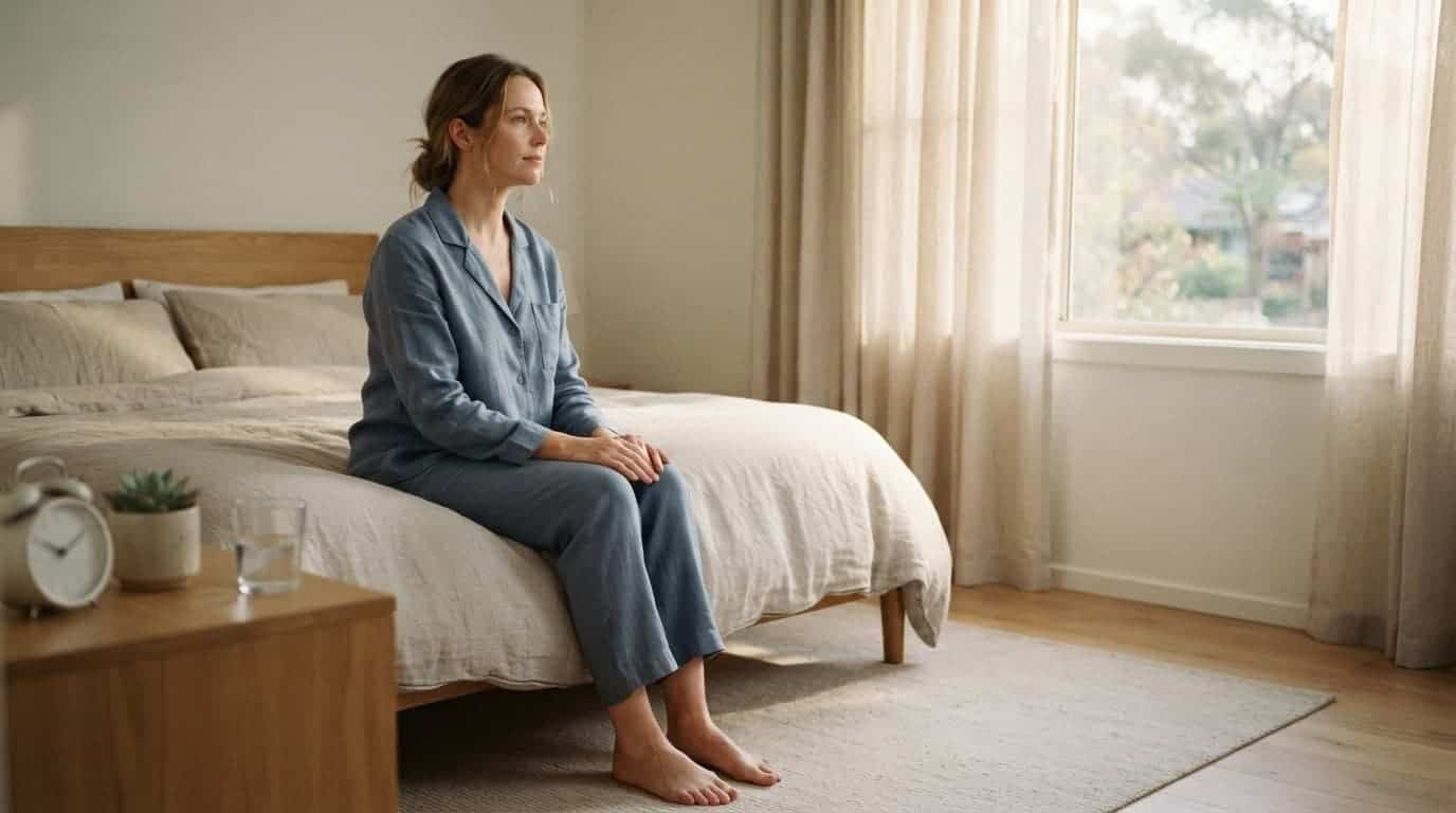An adult sits on a bed in soft morning light beside a plant and alarm clock.