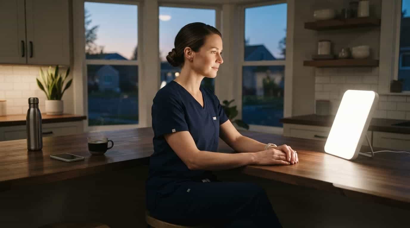 A shift worker sits beside a bright lamp with coffee and a face-down phone.