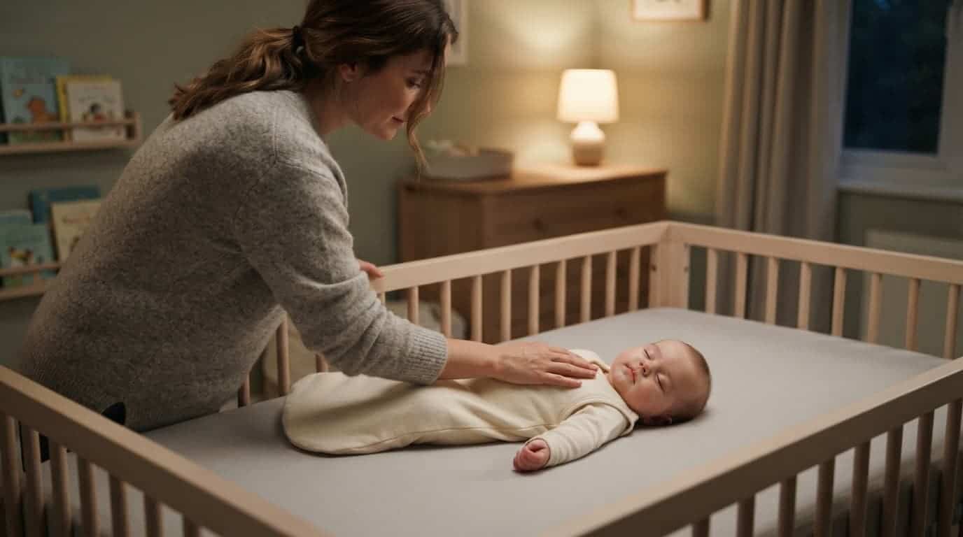 A parent checks a sleeping baby in a safe cot at night.