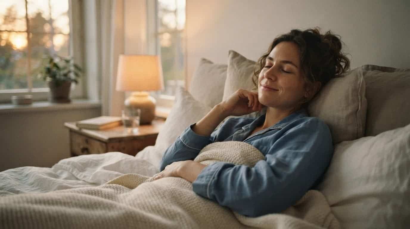 Person with closed eyes resting in bed beside a softly lit window.