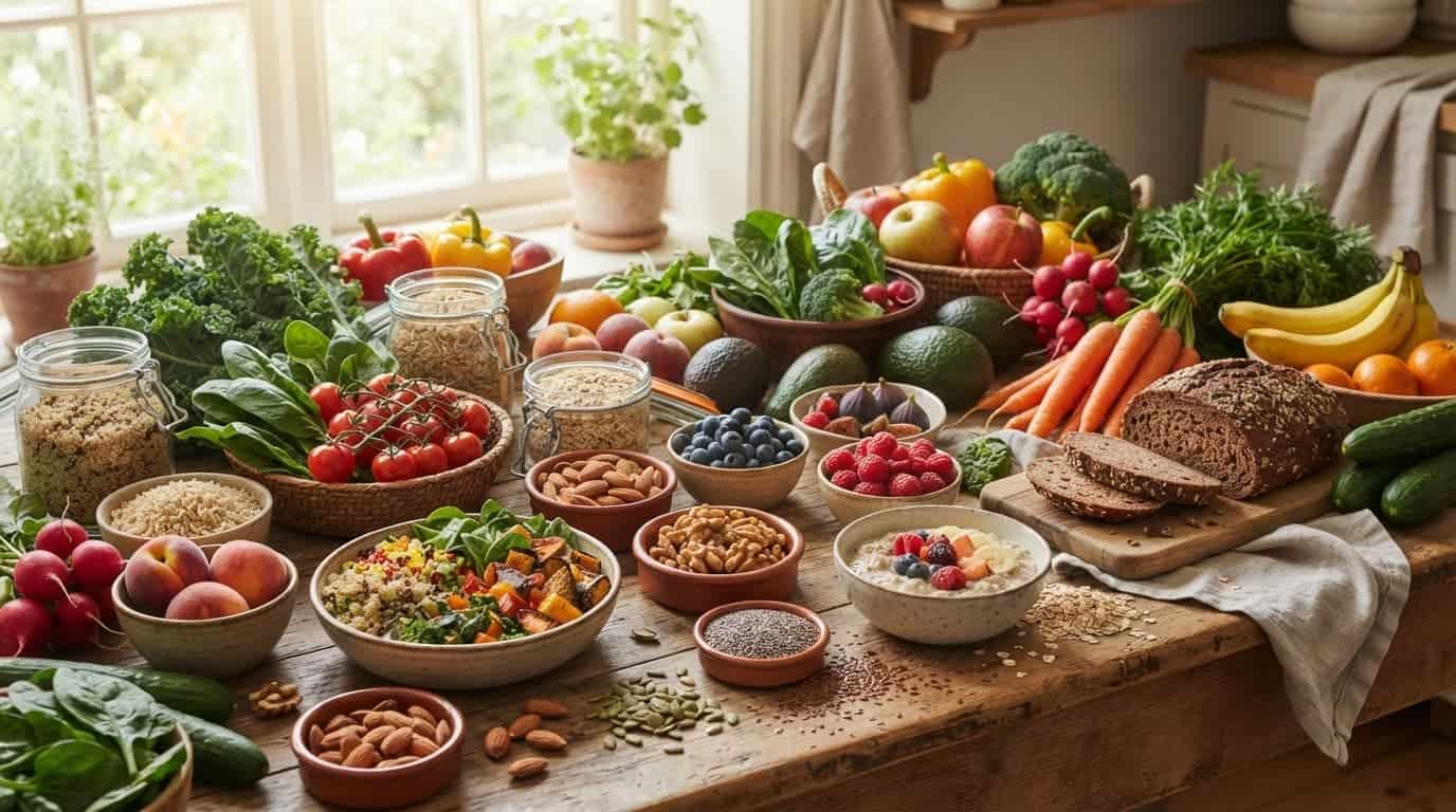 Fresh vegetables, fruit, grains, nuts, and seeds arranged on a wooden kitchen table.