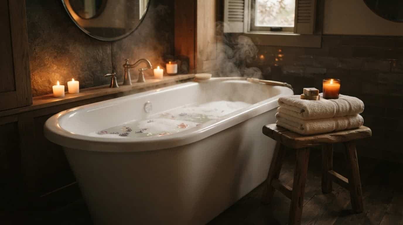 A warm bathtub steaming beside folded towels on a wooden stool.