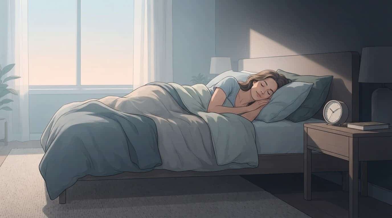A person rests in bed beside a clock, with soft dawn light and a darker bedside area.