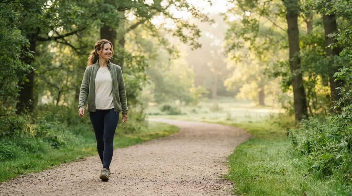 A woman taking a relaxed morning walk on a quiet leafy park path.