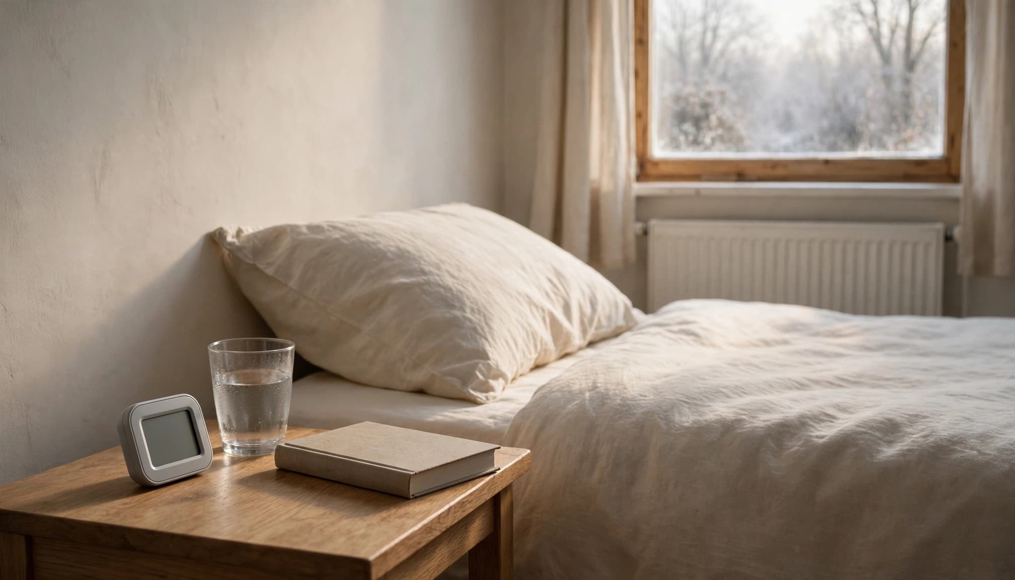 A hygrometer, glass of water, and closed book sit beside a neatly made bed.