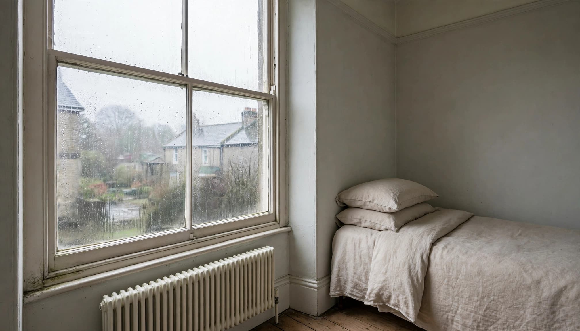 A damp bedroom window with a small mildew patch above a neatly made bed.