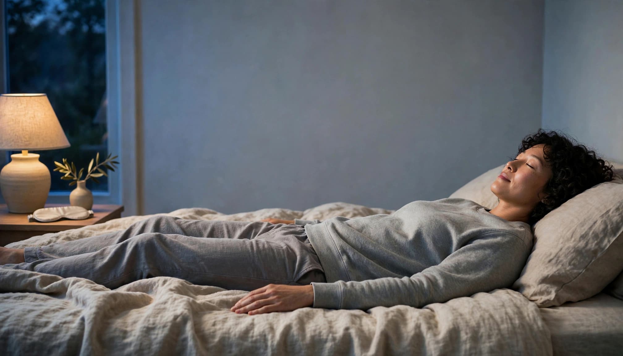 An adult practices mindfulness in bed beside a softly glowing lamp.