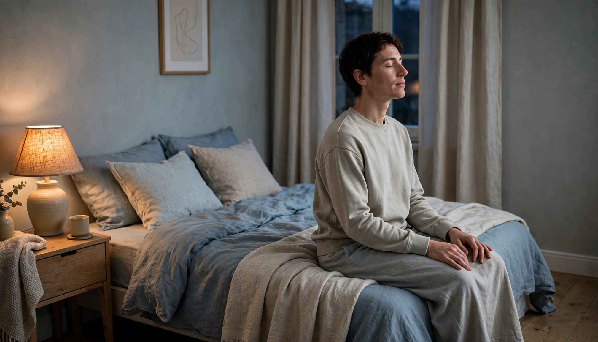 An adult practices slow breathing on a bed in a softly lit bedroom.