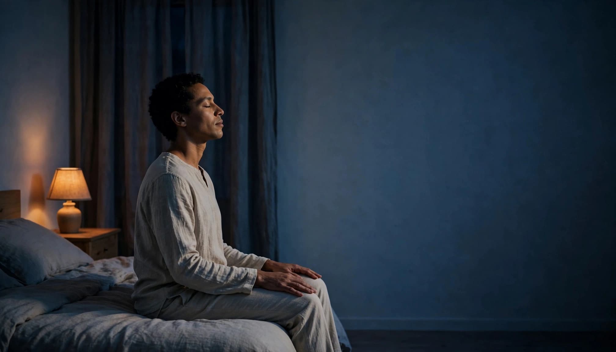 An adult practices relaxation beside a bed in a softly lit bedroom.