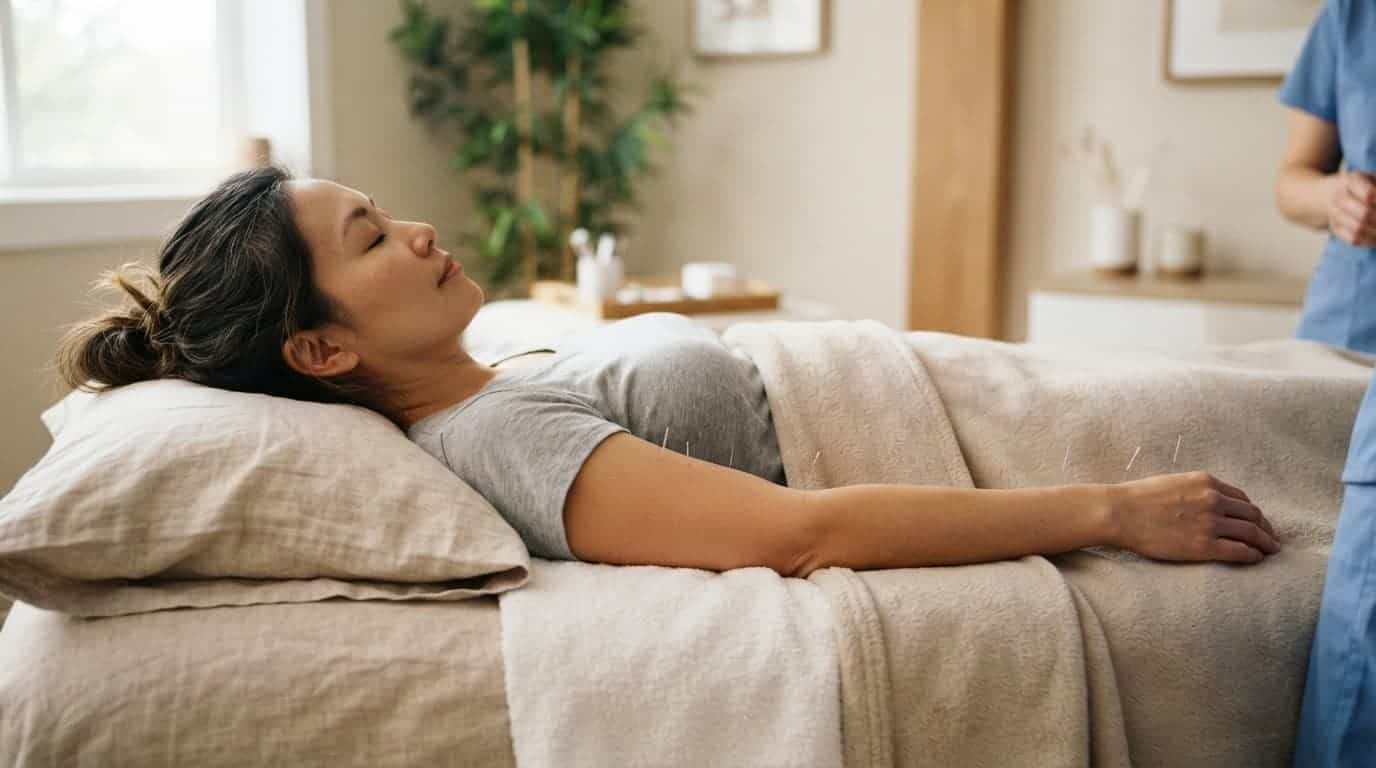 Woman resting with acupuncture needles on her arm and leg.