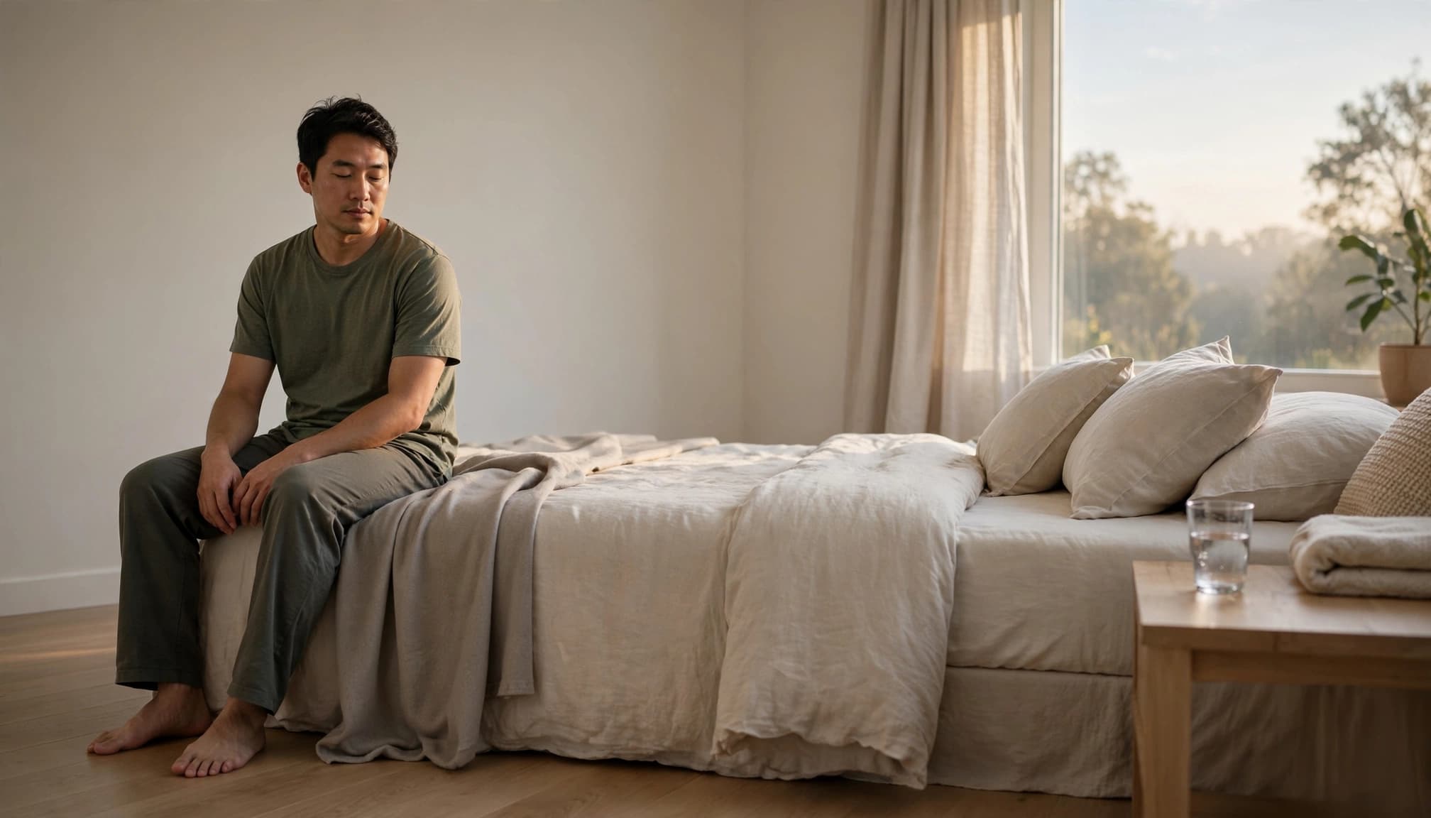 A tired adult sits on a bed edge in a softly lit bedroom at dawn.