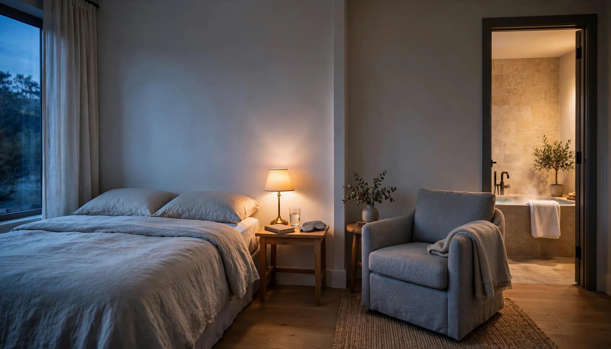 Calm bedroom with a made bed, bedside items, and a warm bath beyond the doorway.