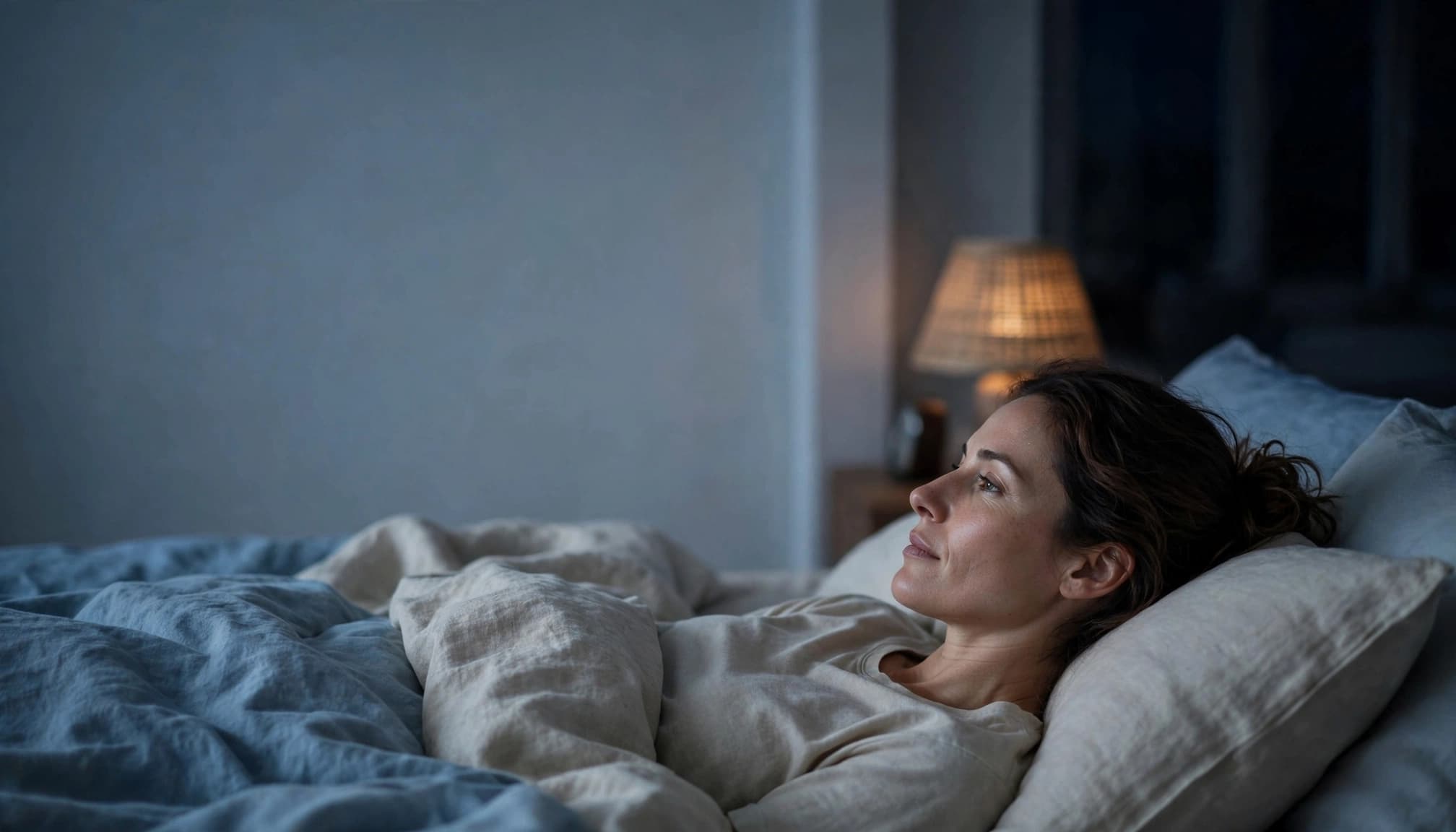 An adult lies awake in bed beside a dim lamp and hidden bedside clock.