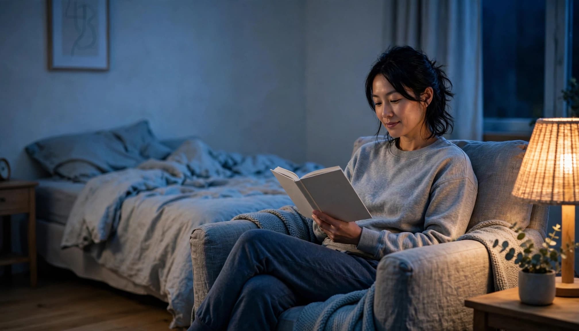 An adult reads a book in an armchair beside a bed at night.