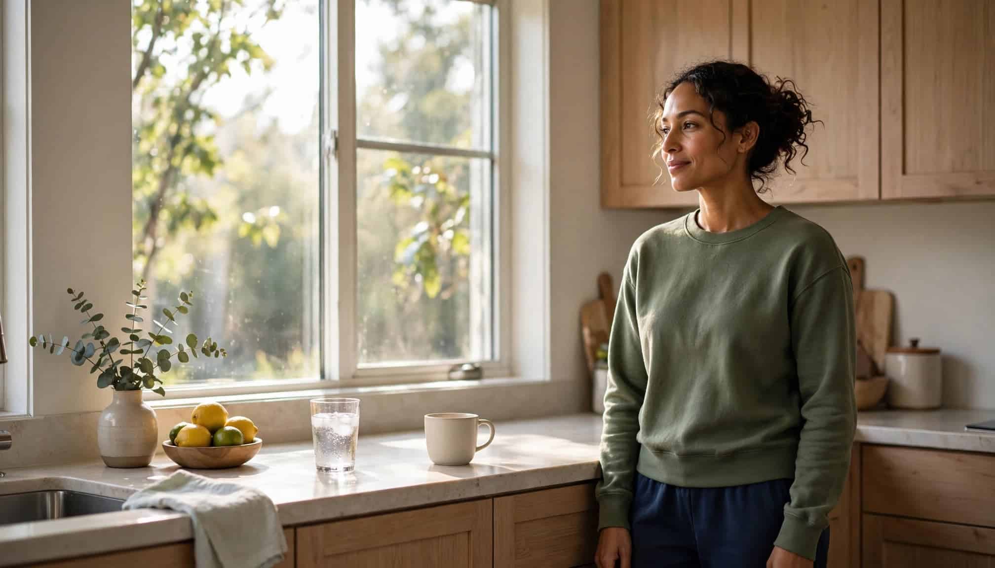 Refreshed adult standing beside a sunny kitchen window with water and coffee on the counter.