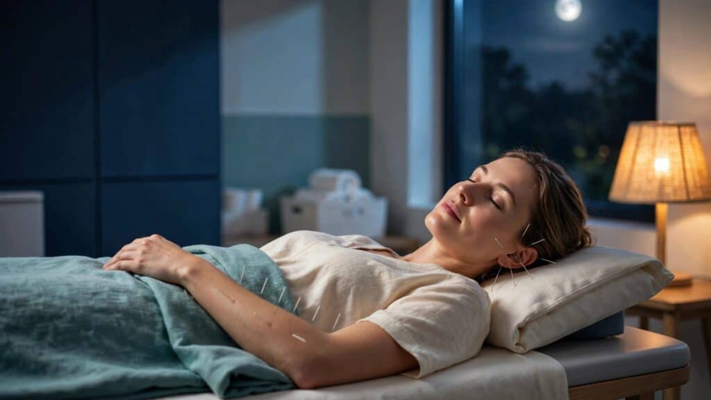 Patient with acupuncture needles in the ear and forearm rests beneath a warm lamp in a quiet clinic.
