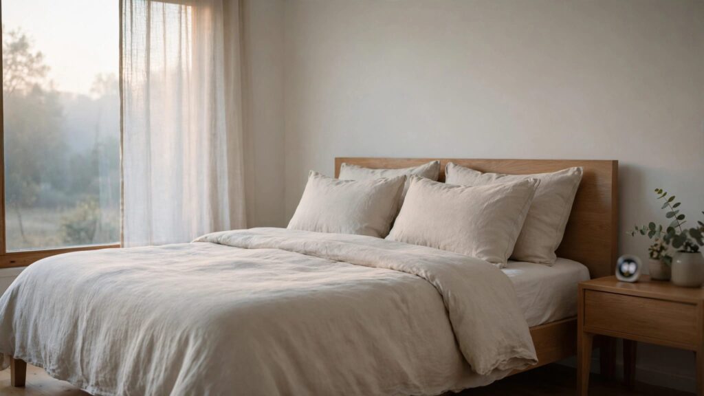 A neatly made linen bed beside a hygrometer on a wooden table.