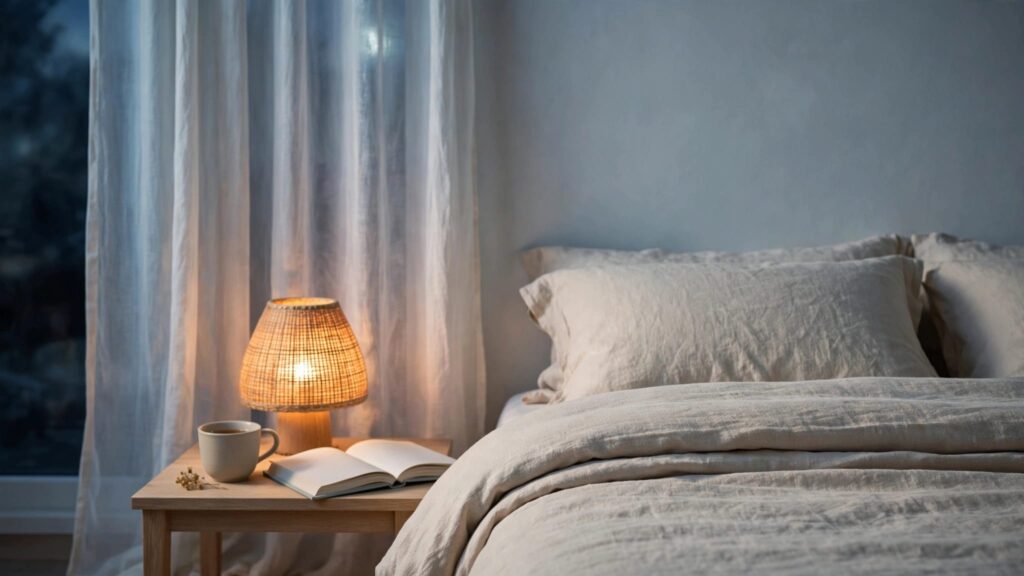 A calm bedroom with a made bed, herbal tea, open book, and glowing bedside lamp.